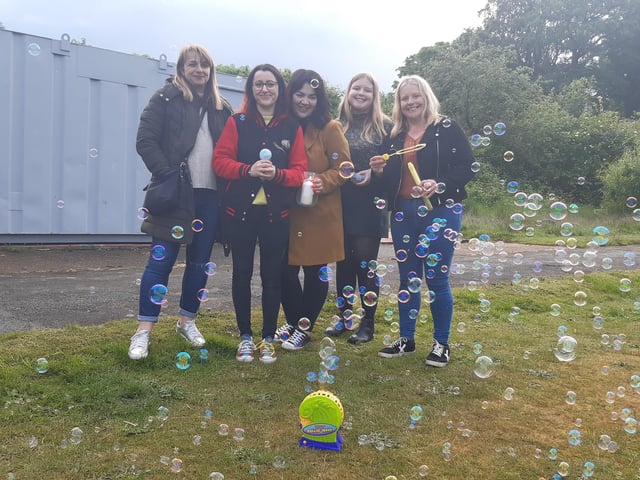Members of the Be Their Voice committee at the bubble-blowing tribute to Bethany and DJ.