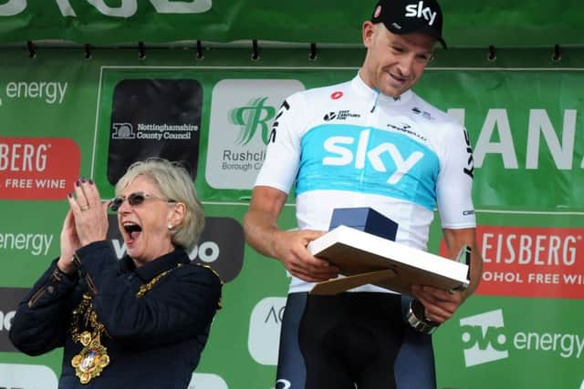 Tour of Britain.
Winner Ian Stannard takes to the podium to receive his awards from Mansfield Mayor Kate Allsop.