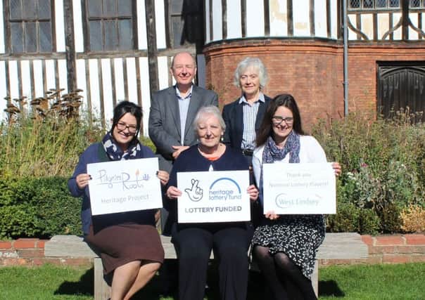 West Lindsey District Council's Mayflower 400 officer, Dr Anna Scott (front right) and councillors Sheila Bibb (centre) and Gillian Bardsley (back right), celebrating the Lottery grant with Victoria Brooks, manager of Gainsborough Old Hall, and Rick Brand, chair of Bassetlaw Christian Heritage.