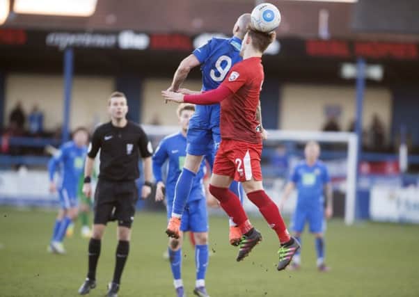 Ashley Worsfold (blue) was on target for Gainsborough Trinity. Picture: Sarah Washbourn / www.yellowbellyphotos.com