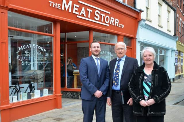 District councillors Jeff Summers and Sheila Bibb with Dave Hale, of Dransfield Properties, outside one of the new businesses.