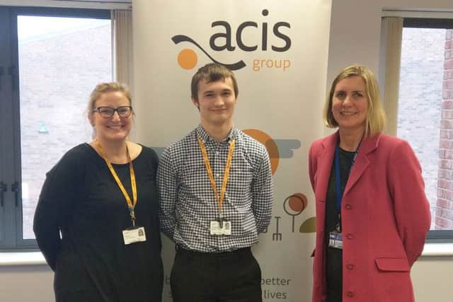 Apprentice Josh Aisthorpe (centre) with Jill Dickson (left), of Acis, and Nicola Hall, of Lincoln College.