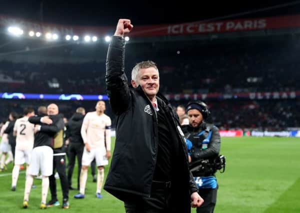 PARIS, FRANCE - MARCH 06: Ole Gunnar Solskjaer, Manager of Manchester United celebrates victory during the UEFA Champions League Round of 16 Second Leg match between Paris Saint-Germain and Manchester United at Parc des Princes on March 06, 2019 in Paris, . (Photo by Julian Finney/Getty Images)