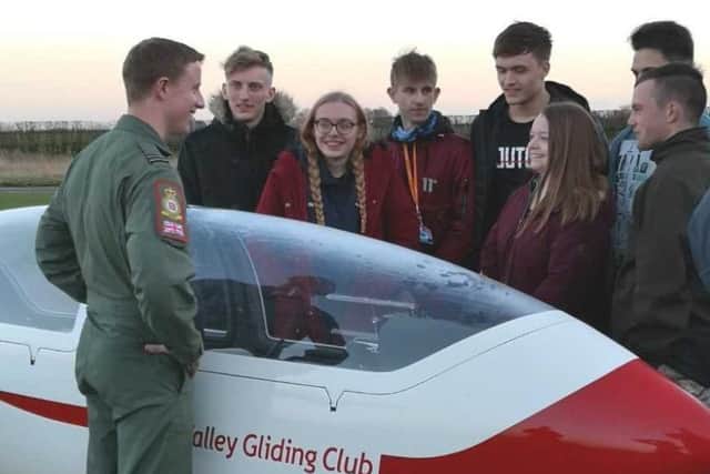 Red 4 chats with North Lindsey College students about their gliding experiences as part of the Aim for the Sky short course in aviation at Trent Valley Gliding Club.