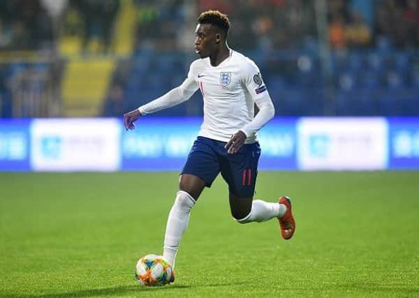 PODGORICA, MONTENEGRO - MARCH 25: Callum Hudson-Odoi of England runs with the ball during the 2020 UEFA European Championships Group A qualifying match between Montenegro and England at Podgorica City Stadium on March 25, 2019 in Podgorica, Montenegro. (Photo by Michael Regan/Getty Images)