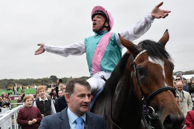 Europe's best racehorse, Enable, ridden by Frankie Dettori, after their success in the Prix de l'Arc de Triomphe at Longchamp last October. (PHOTO BY: Philippe Lopez/Getty Images).