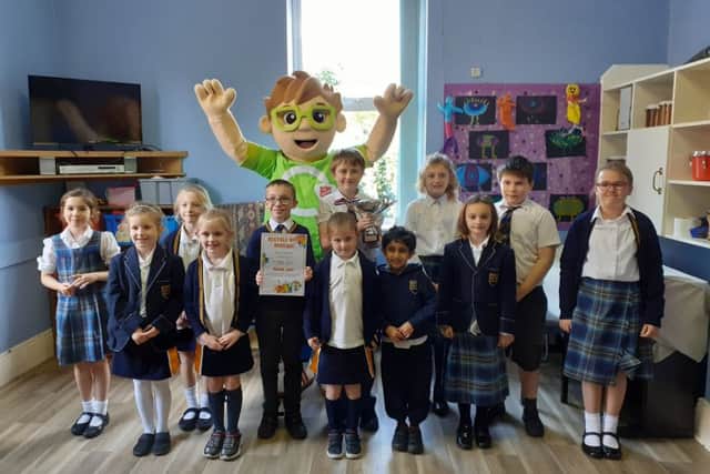 Handel House School pupils are pictured with the Recycle with Michael mascot