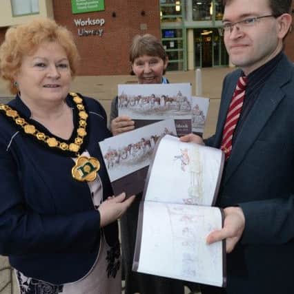 Emmas Sketchbook, Scenes of Nottinghamshire Life in the 1840s  launched by the Chairman of Nottinghamshire County Council, Coun Carol Pepper.  Pictured with author Dr Richard Gaunt and Coun Kay Cutts.