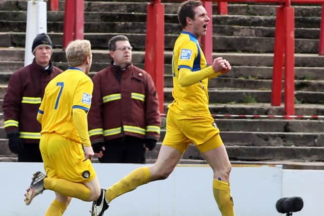 Wrexham v Gainsborough Trinity in the Carlsberg Trophy semi final at the Glyndwr Racecourse scorerDarryn Stamp celebrates