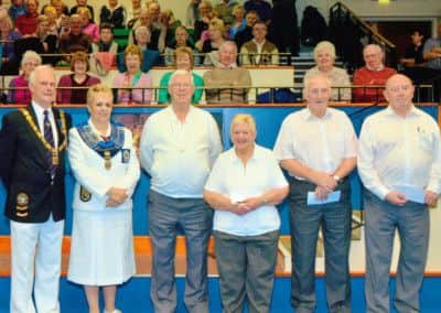 English Bowling Federation national president Les Clark, English Womens Bowling Federation national president Karen Waites; Brian Exley, Betty Dale, Eric Gresham and John Heppel.