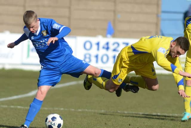Gainsborough Trinity v Guiseley. Trinity player Terry Hawkridge G130329-7c