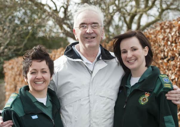Ian Crookes met with ambulance crew members Lynsay O'Neill and Rebecca Heelis who saved his life