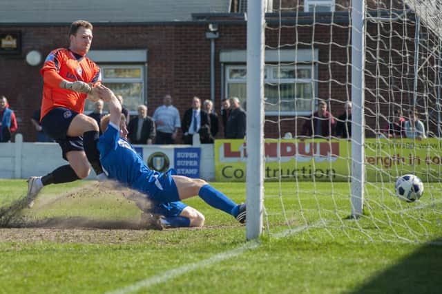 Action from Gainsbrough Trinity 2-1 win over Vauxhall Motors on Saturday afternoon. Gainsbrough score the first of their two goals
20 April 2013
Image © Paul David Drabble