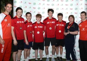 Elizabethan High School with Nathan Robertson and Rhys Walker (L-R) Bailey Hurt (15) Matthew Curtis (15), Edward Thorpe (15), Sam Harrison (16), Robbie Collingburn (15), Jo Barnes (team manager)