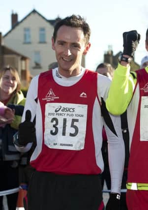 Percy Pud 10km Race 2012. Race winner Andy Ward (centre), second Alan Buckley (right) and third place Gareth Lowe (left)