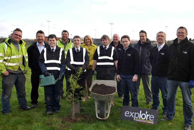 Launch of community garden project at Outwood Academy Portland, pictured are students with representatives from Laing O'Rourke, Explore Manufacturing, Darfoulds and Expand (w130426-1)