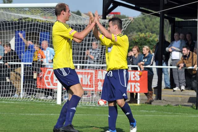 Worksop Town v Stafford Rangers. Pictured is Tom Denton and Leon Mettam celebrating Worksops first goal (w120915-1s)