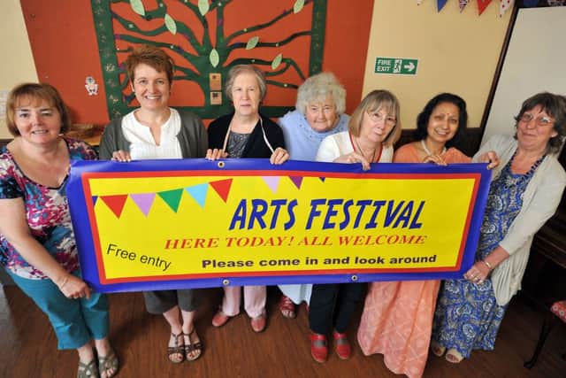 Ladies of the Scotter Textile Group promoting their upcoming arts festival (w130603-4)
