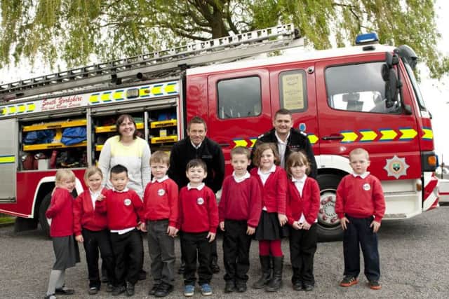 Firefighters from Maltby Blue Watch visited Maltby Manor Primary School on Wednesday in a fire engine so children to learn about what they do