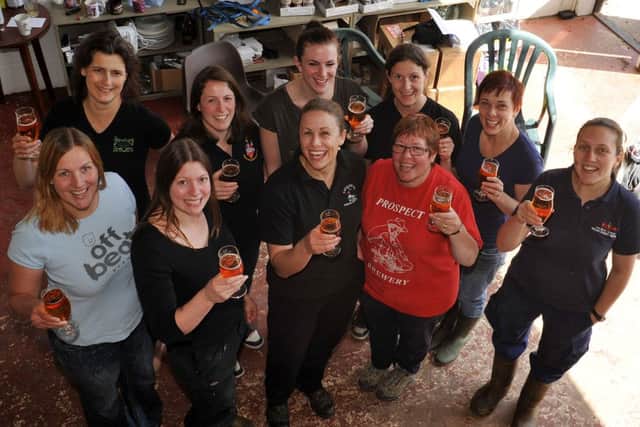 Lady brewers got together at Welbeck Abbey Brewery to brew "Venus Red" as part of the Project Venus, which aims to highlight women brewers and get more women drinking real ale, pictured are lady brewers at the event with Welbeck Abbey head brewer Claire Monk far right (w130601-3b)