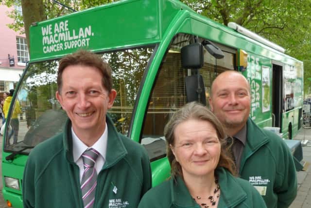 Michael Lockey, Debbie Smith and Geoff Greig with the Macmillan bus