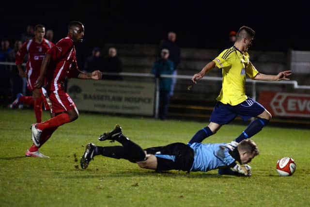 Worksop Town v Stafford Rangers. Connor Higginson scores the second goal for the Tigers G131016-1b