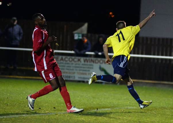 Worksop Town v Stafford Rangers. Connor Higginson scores the second goal for the Tigers G131016-1c