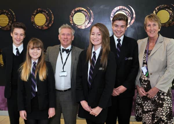 Inauguration ceremony of new student president at Outwood Academy Valley, pictured from left are Jack McKinnell, Jade Gordon, Neil Taylor, Leah McGrath, Ben Storey and acting vice principal Janette Shea (w131121-1b)