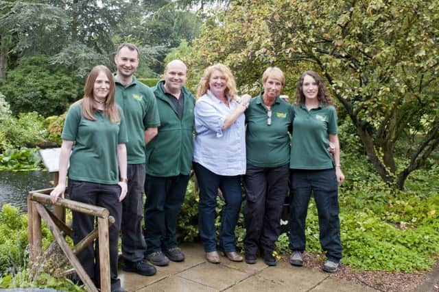 Charlie Dimmock at Wayside Water Gardens for a BBC Gardening Show (left to right) Natalie Pilgrim, Paul Marsh, Simon Brothwell, Adele Ball and Stephanie Spence