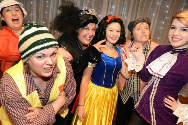 The Lindrick Players dress rehearsal for their production of Snow White and the Seven Dwarves, with Rebecca Turner as Snow White, Sarah Hemsall as Danny Dumpling, Prince Frederick played by Lydia Sharpe, Queen Caligula played by Sarah Edgar, and with Helene Sprowell as Bogwort and Helen Stephenson at Stinkwort.