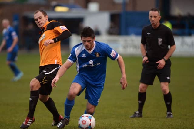 Gainsborough Trinity v Stockport County. Trinity player Liam Davis