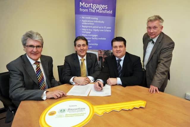 Signing the local authority mortgage scheme agreement are Bassetlaw District Council deputy leader Coun Griff Wynne, chief executive of Mansfield Building Society Gev Lynott, Notts Counyty Councillor Darren Langton and Bassetlaw District Council Cheif Executive Neil Taylor