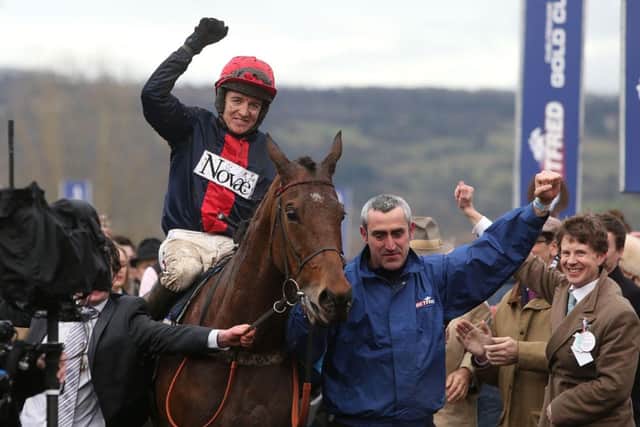 PURE GOLD -- jockey Barry Geraghty celebrates after last season's Cheltenham Gold Cup triumph by Bobs Worth (PHOTO BY: David Davies/PA Wire)