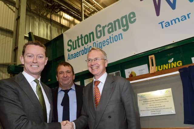 Tamar Energy's new AD plant officially opened at Sutton Grange, Sutton-cum-Lound.
Greg Barker, left, Minister of State at the department of Energy and Climate Change, pictured with Tamar chairman, Alan Lovell, right, and Sutton Grange farmer, Fred Walter.