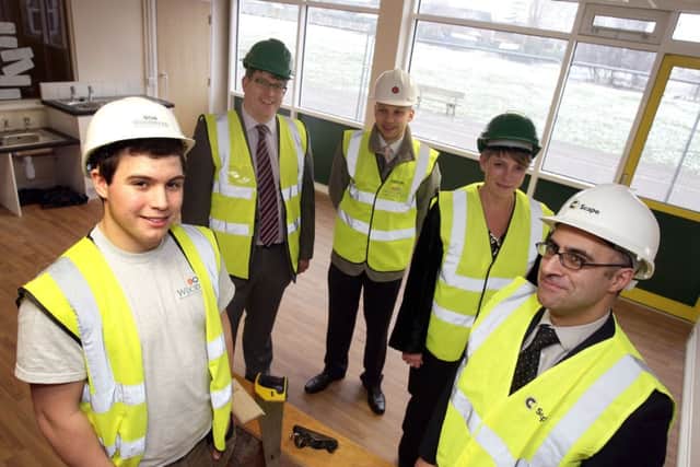 Building construction skills at the EMPA Academy are (from left): Chris Richards (academy student), Glenn Slater (Robert Woodhead), Sam Webster (EMPA), Teresa Westwood (Robert Woodhead), Sam Bacha (Scape)