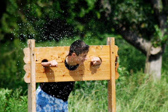 James Douglas in the stocks is soaked by a wet sponge at the Misterton Village Gala.