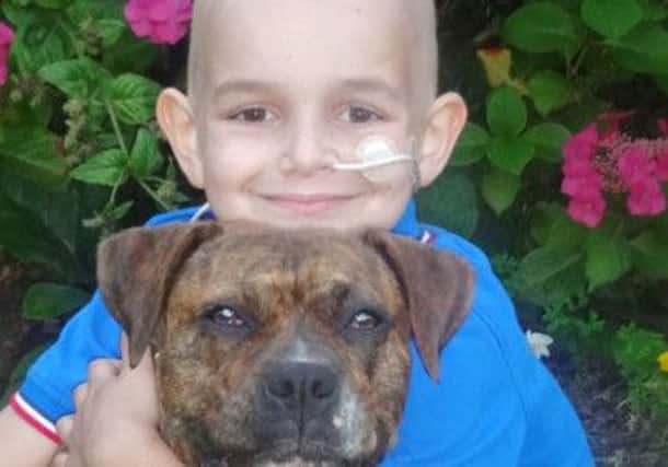 Alexander Strong (7) of Burnham Rd, Epworth, who a rare form of children's cancer called Neuroblastoma is pictured at home with pet dog Tilly.