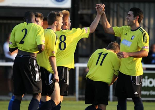 Worksop Town celebrate their winner against Sheffield FC. Picture: Chris Etchells