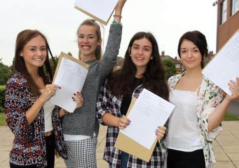 A-Level results day at Outwood Post 16 Centre Worksop. Pictured are Lauren Hugill, Leanne Fotheringham, Emily Davies, and Chelsea Stamp.