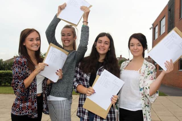 A-Level results day at Outwood Post 16 Centre Worksop. Pictured are Lauren Hugill, Leanne Fotheringham, Emily Davies, and Chelsea Stamp.