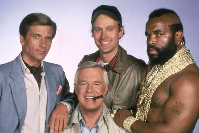 The A Team's Dirk Benedict, far left, as Templeton 'Faceman' Peck, with co-stars George Peppard as John 'Hannibal' Smith, Dwight Schultz as 'Howling Mad' Murdock and Mr. T as B.A. Baracus.