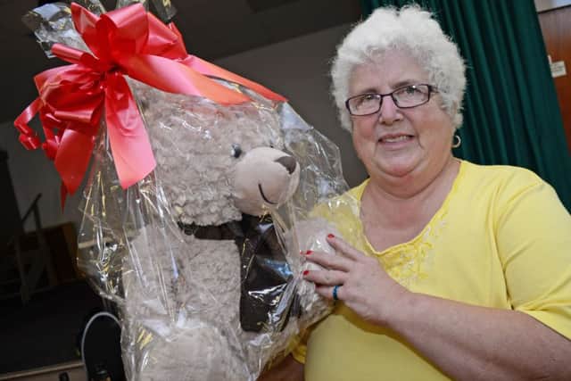 Linda O'Connor, pictured with one of the raffle prizes. Picture: Marie Caley NEPB Ealand Coffe MC 2