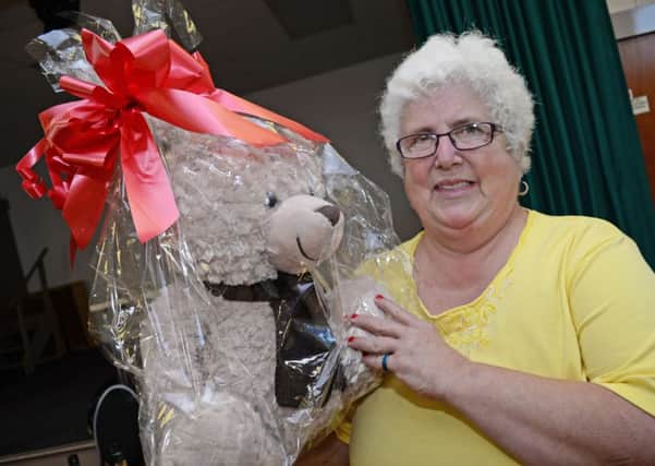 Linda O'Connor, pictured with one of the raffle prizes. Picture: Marie Caley NEPB Ealand Coffe MC 2