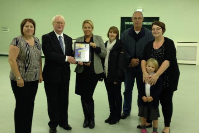 Crowle Playing Field presentation, pictured (from left) Julie Reed, John Briggs, Helen Wood, Sonia Lyons, Vince Blackwell and Claire Bradley.