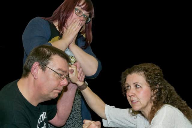Rehearsing See How They Run for Dukeries Theatre Company are (from left): Steve Rowan, Corrie Houton and Trudi Jackson