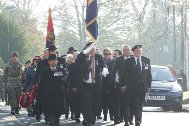 Royal British Legion Standard leads match through Epworth to St Andrew's Church (ACF standard behind).
