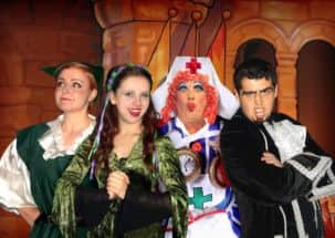 Leading the cast for Robin Hood and the Babes in the Wood at Worksop are (from left): Louise Stuart (Robin Hood), Darcie Watkinson (Maid Marion), David Cavell (Nurse Nelly) and Jack Charlesworth(Sheriff of Nottingham)