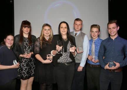 MP141114AH1 / NOAH20141114C1
The Nottinghamshire Outstanding Achievement 4Uth Award 2014 Awards Evening at The Old Library, Mansfield.
Pictured; District Winners; Hannah Bagshaw (Newark & Sherwood), Kayleigh Eager (Broxtowe), Emilie Wright (Mansfield), Tiegan Hull (Rushcliffe), Thomas King (Gedling), Adam Bower (Bassetlaw), Kyle Sherwin (Ashfield).
Picture by Andrew Hallsworth, Marlow Photographic.