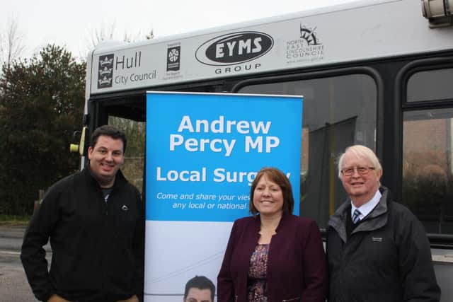 MP Andrew Percy pictured with councillors Julie Read and John Briggs.