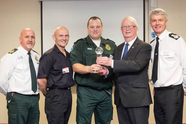 Pictured above from left to right: Vince Larvin of Yorkshire Ambulance Service, Shaun Rudland, YAS paramedic Andy Wallace, Councillor John Briggs and Chief Fire Officer Dene Sanders.